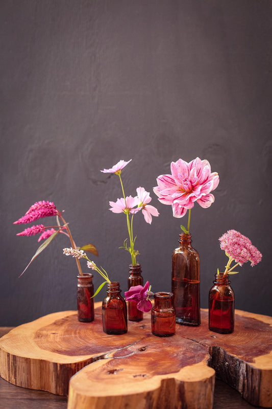 Set of 6 Brown Glass Apothecary Bottles - Vintage Antique Amber Glass Bottle Bud Vases