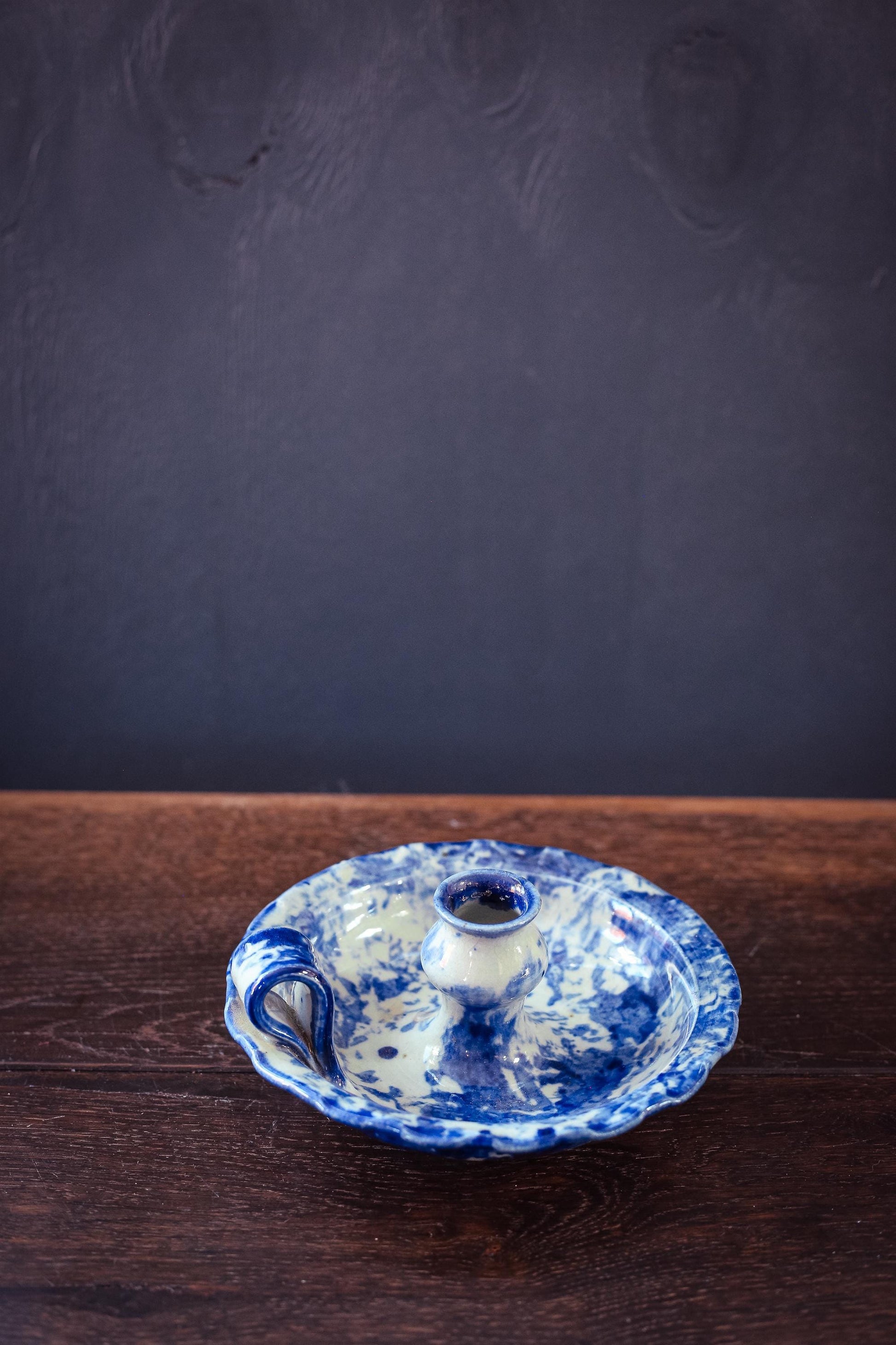 Blue Speckled Glaze Ceramic Chamber Candle - Vintage Studio Ceramic Candle Holder