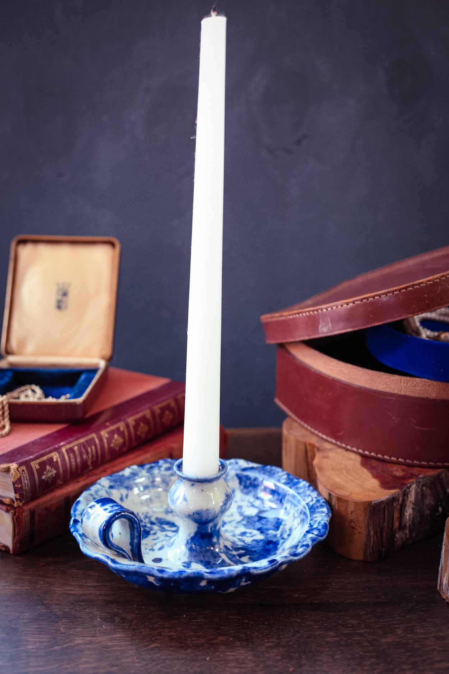 Blue Speckled Glaze Ceramic Chamber Candle - Vintage Studio Ceramic Candle Holder