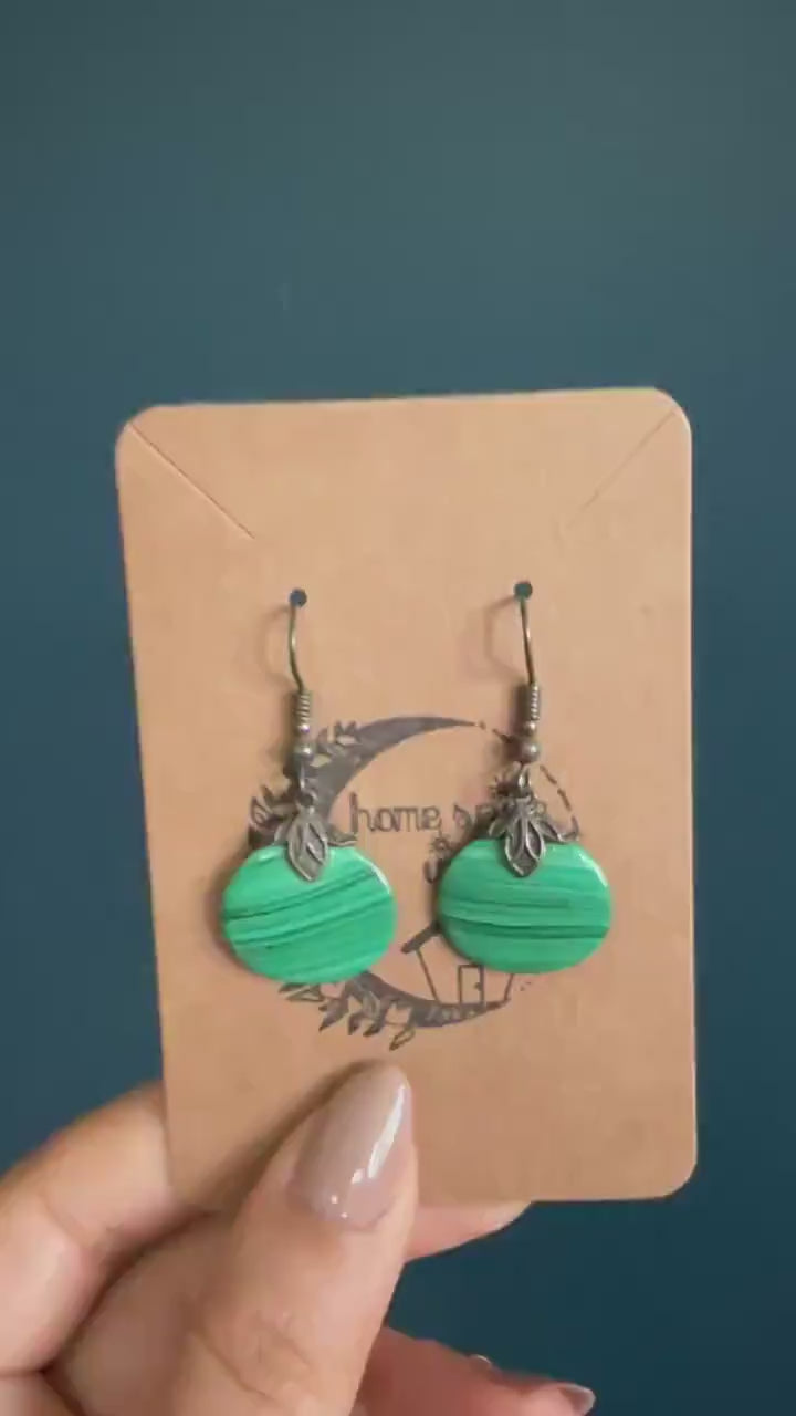 Malachite Drop Earrings on Sterling French Hook - Vintage Estate Jewelry