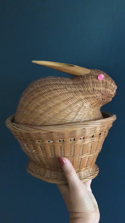 Rabbit Shaped Wicker/Rattan Basket with Lid - Vintage Two Piece Decorative Bunny Basket