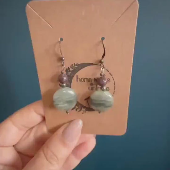 Round Moss Agate drop earrings  - Vintage Estate Jewelry