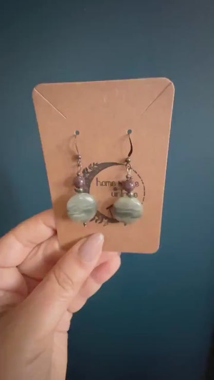 Round Moss Agate drop earrings  - Vintage Estate Jewelry