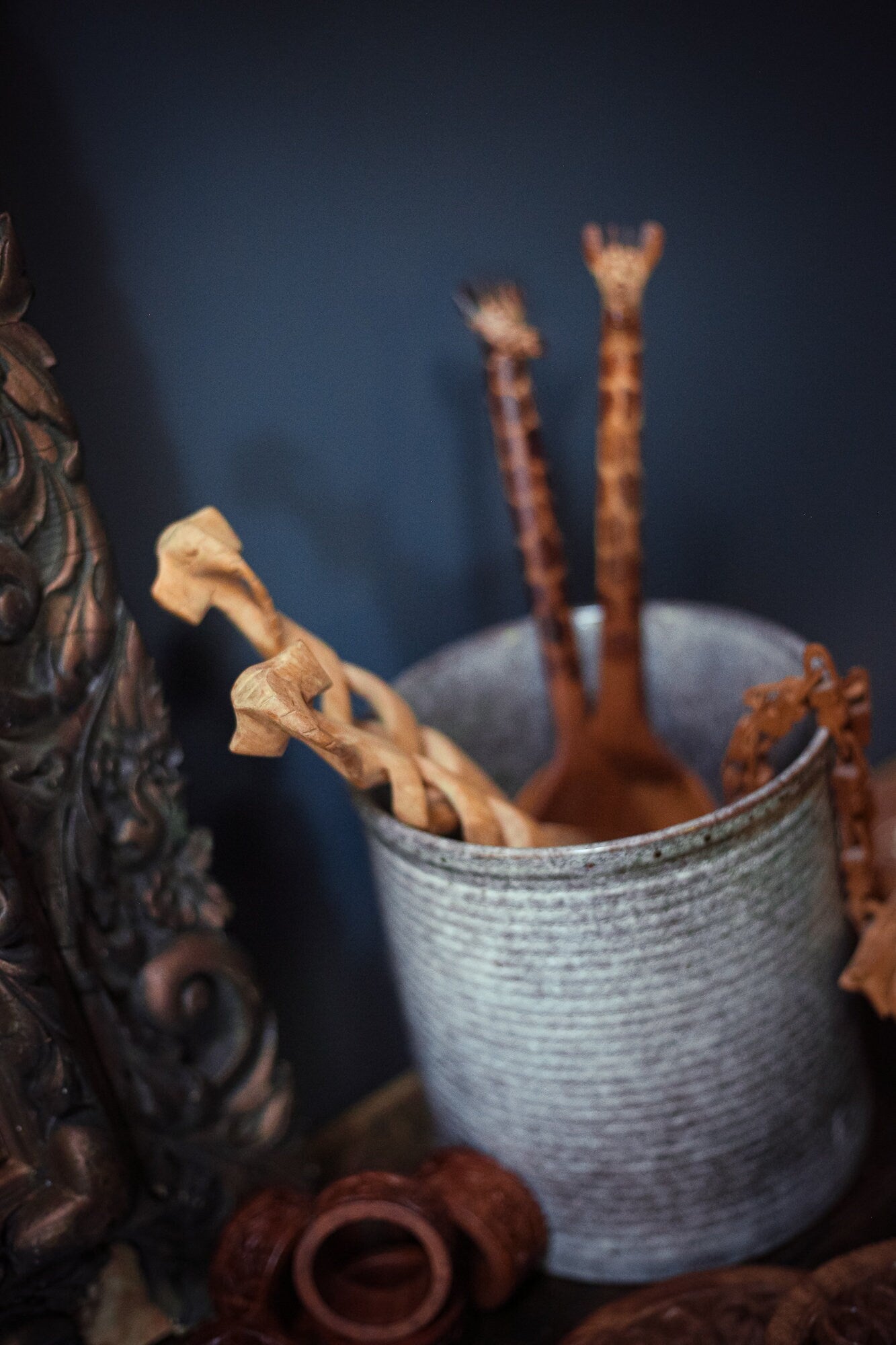 Wood Hand Carved Elephant Spiral Serving Set - Vintage Safari Spoon/ Ladle/ Salad Servers