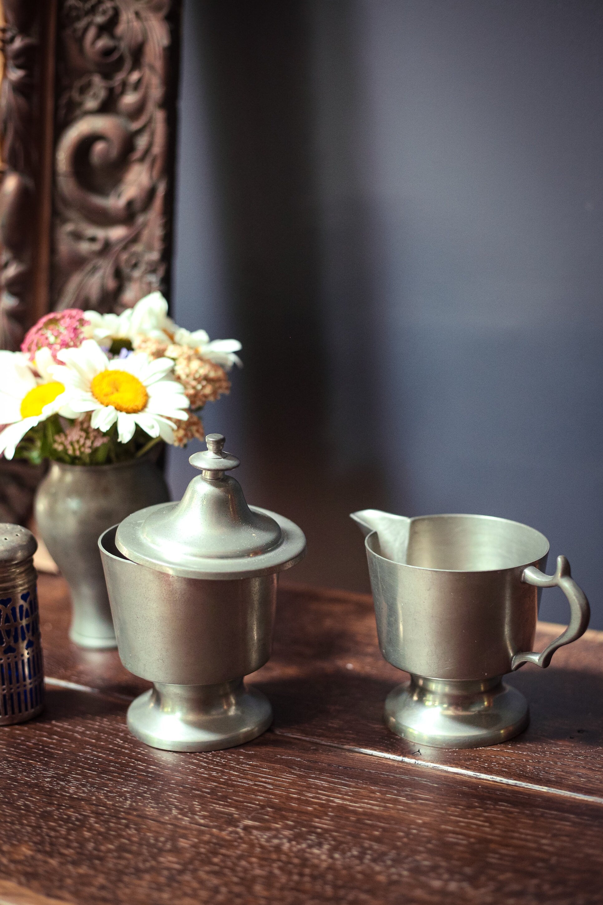 Pewter Sugar & Cream Set - Vintage Pewter Metal Footed Cream Sugar Set