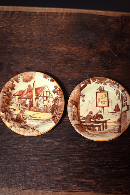 Pair of Sepia Tone Decorative Plates "Lobster Pot" & "Angler's Rest" - Set of 2 Collectible Dishes New Hall Hanley