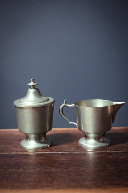 Pewter Sugar & Cream Set - Vintage Pewter Metal Footed Cream Sugar Set