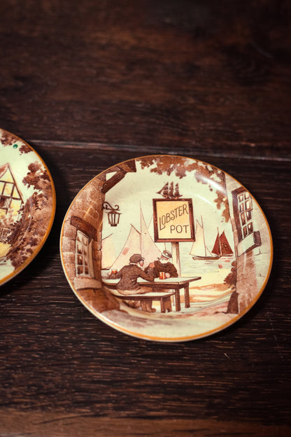 Pair of Sepia Tone Decorative Plates "Lobster Pot" & "Angler's Rest" - Set of 2 Collectible Dishes New Hall Hanley