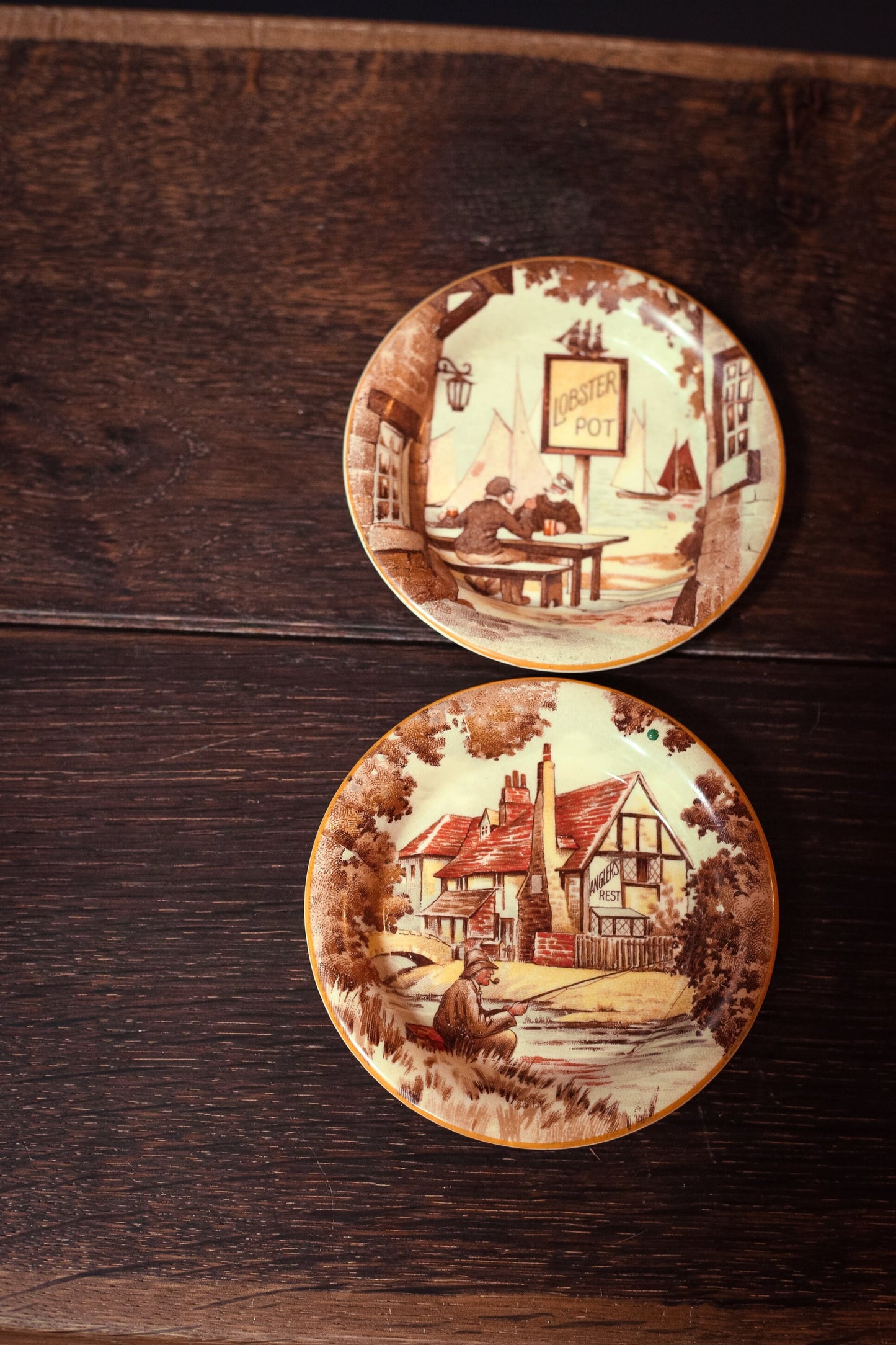 Pair of Sepia Tone Decorative Plates "Lobster Pot" & "Angler's Rest" - Set of 2 Collectible Dishes New Hall Hanley