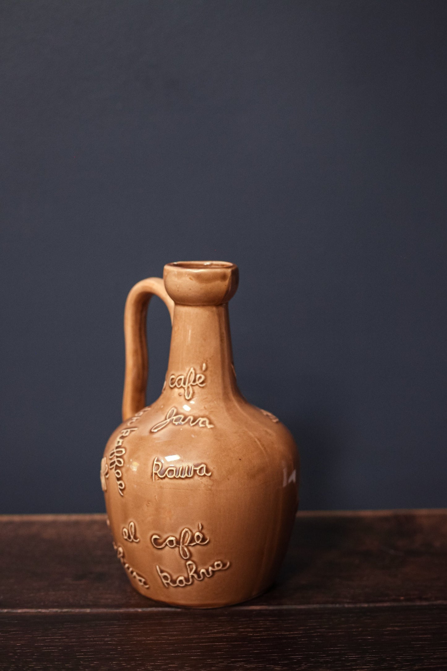 Taupe Ceramic Jug with Coffee in Multiple Languages - Vintage Ceramic Coffee Pitcher