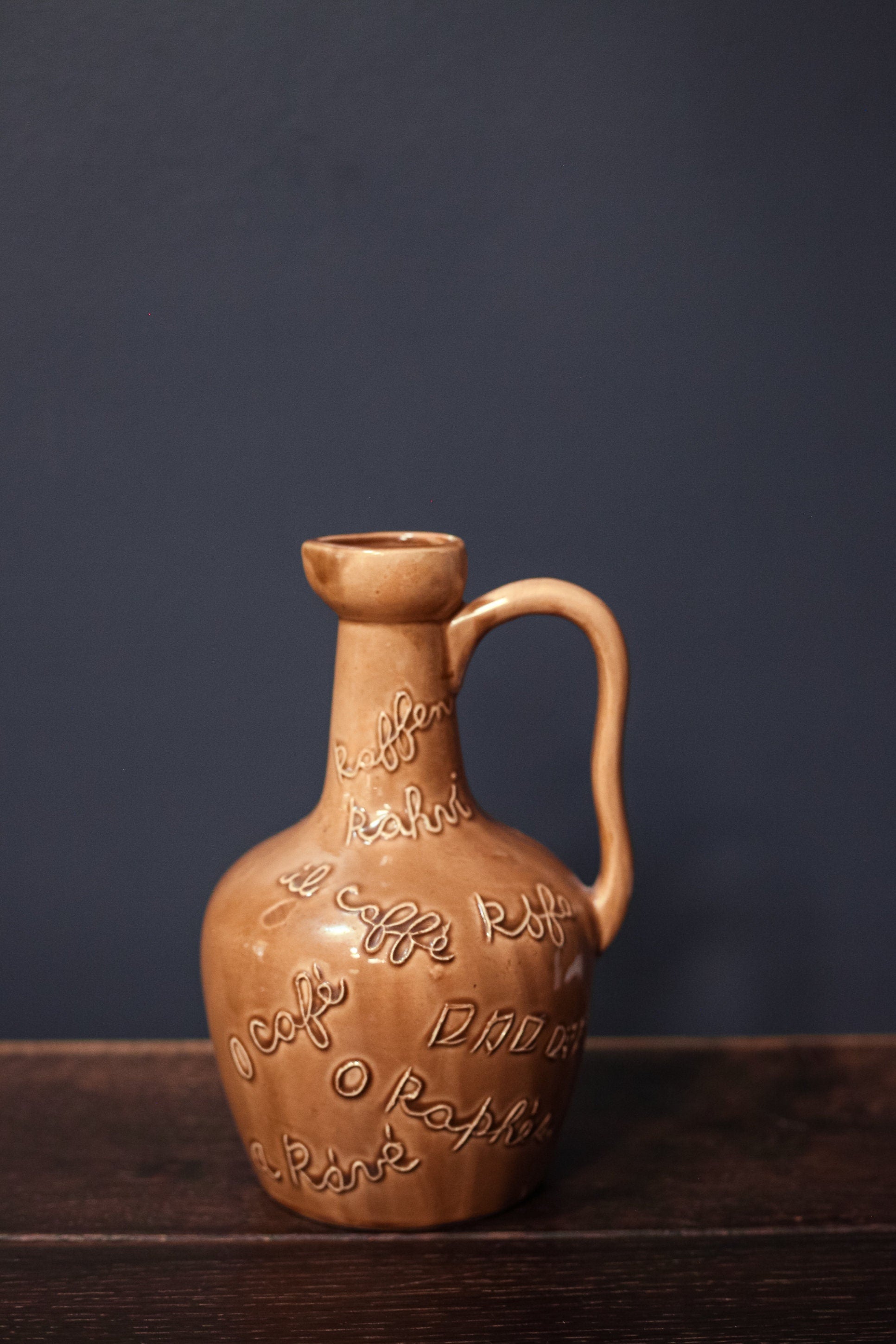 Taupe Ceramic Jug with Coffee in Multiple Languages - Vintage Ceramic Coffee Pitcher