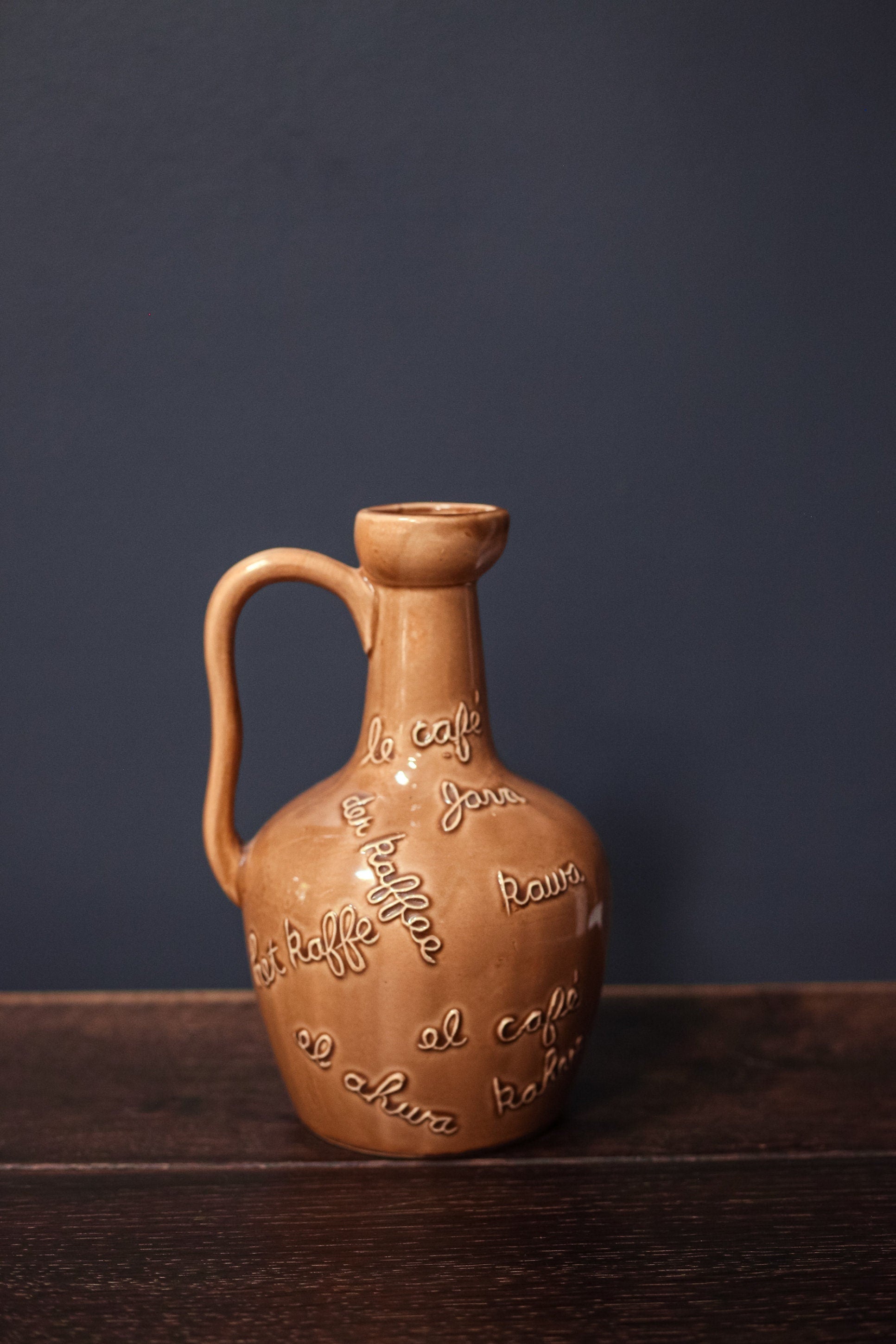 Taupe Ceramic Jug with Coffee in Multiple Languages - Vintage Ceramic Coffee Pitcher