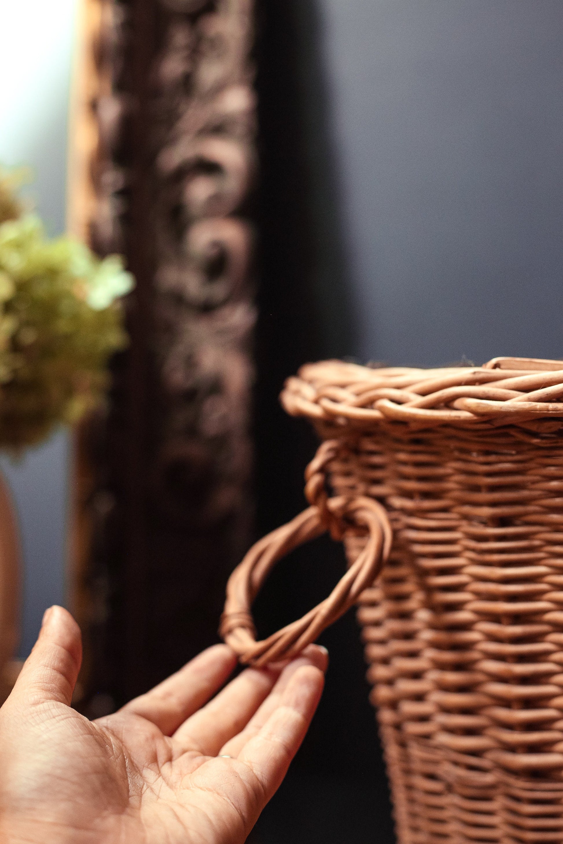 Wicker Rattan Hamper Basket with Ring Handles - Vintage Farmhouse Wicker Wastebasket/Laundry Basket