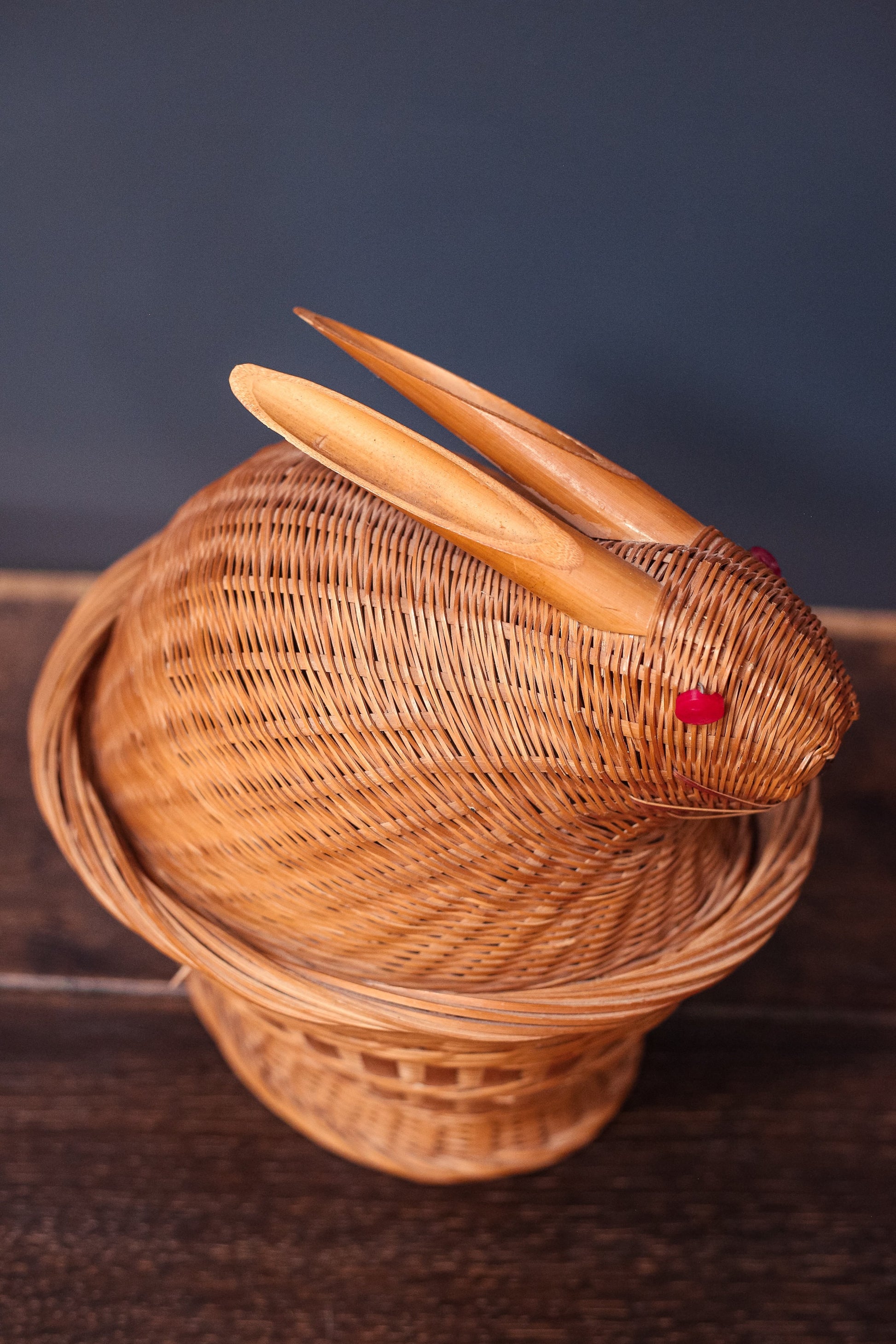 Rabbit Shaped Wicker/Rattan Basket with Lid - Vintage Two Piece Decorative Bunny Basket