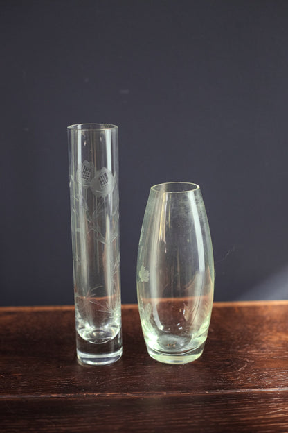 Pair of Floral Etched Crystal Vases - Set of 2 Etched Glass Vases