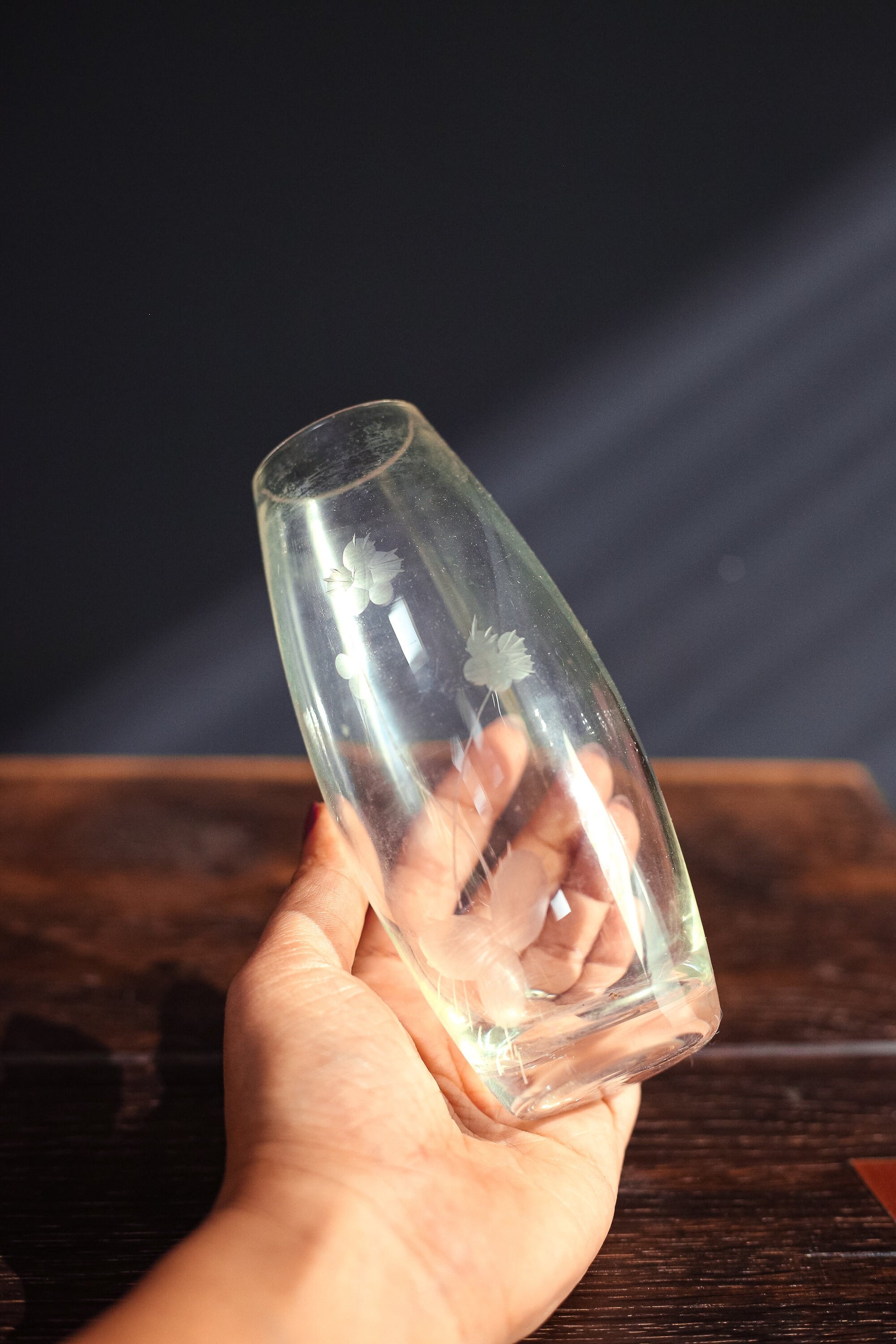 Pair of Floral Etched Crystal Vases - Set of 2 Etched Glass Vases