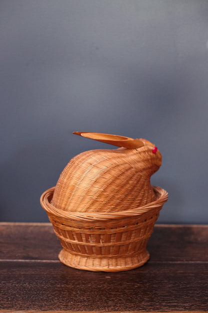 Rabbit Shaped Wicker/Rattan Basket with Lid - Vintage Two Piece Decorative Bunny Basket