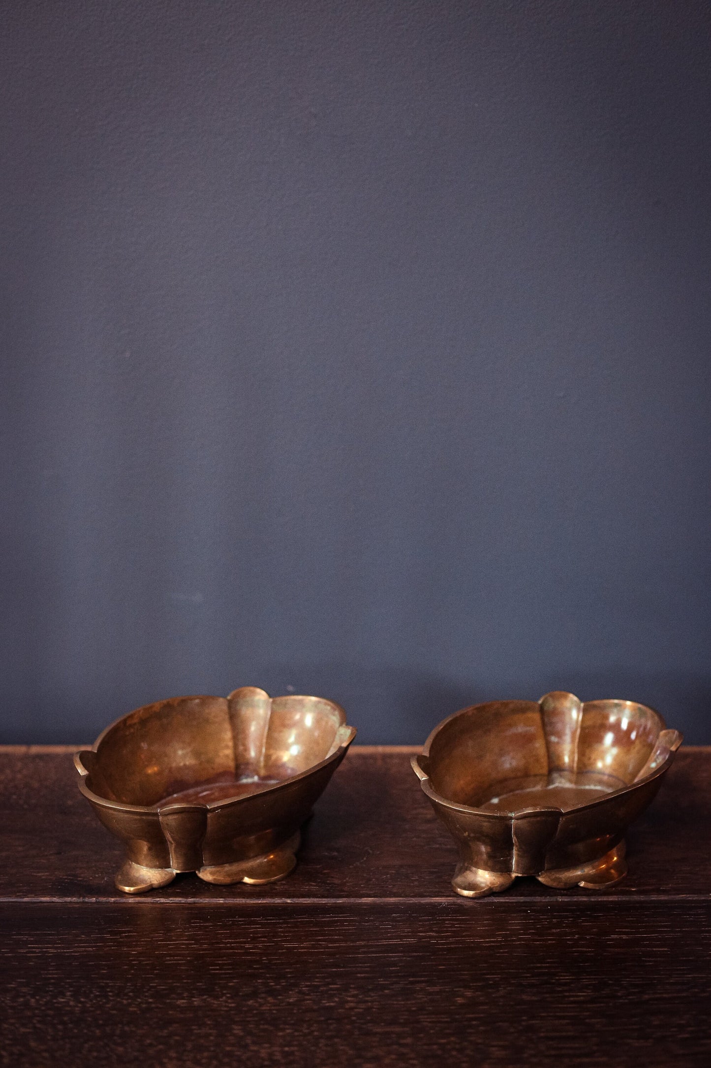 Pair of Scalloped Low Brass Bowls - Hollywood Regency Brass Candy Dishes