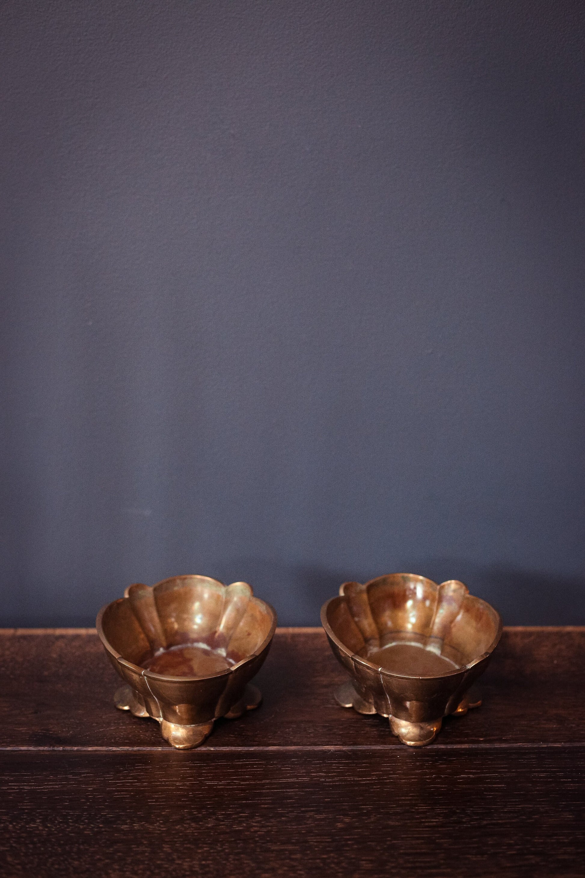 Pair of Scalloped Low Brass Bowls - Hollywood Regency Brass Candy Dishes