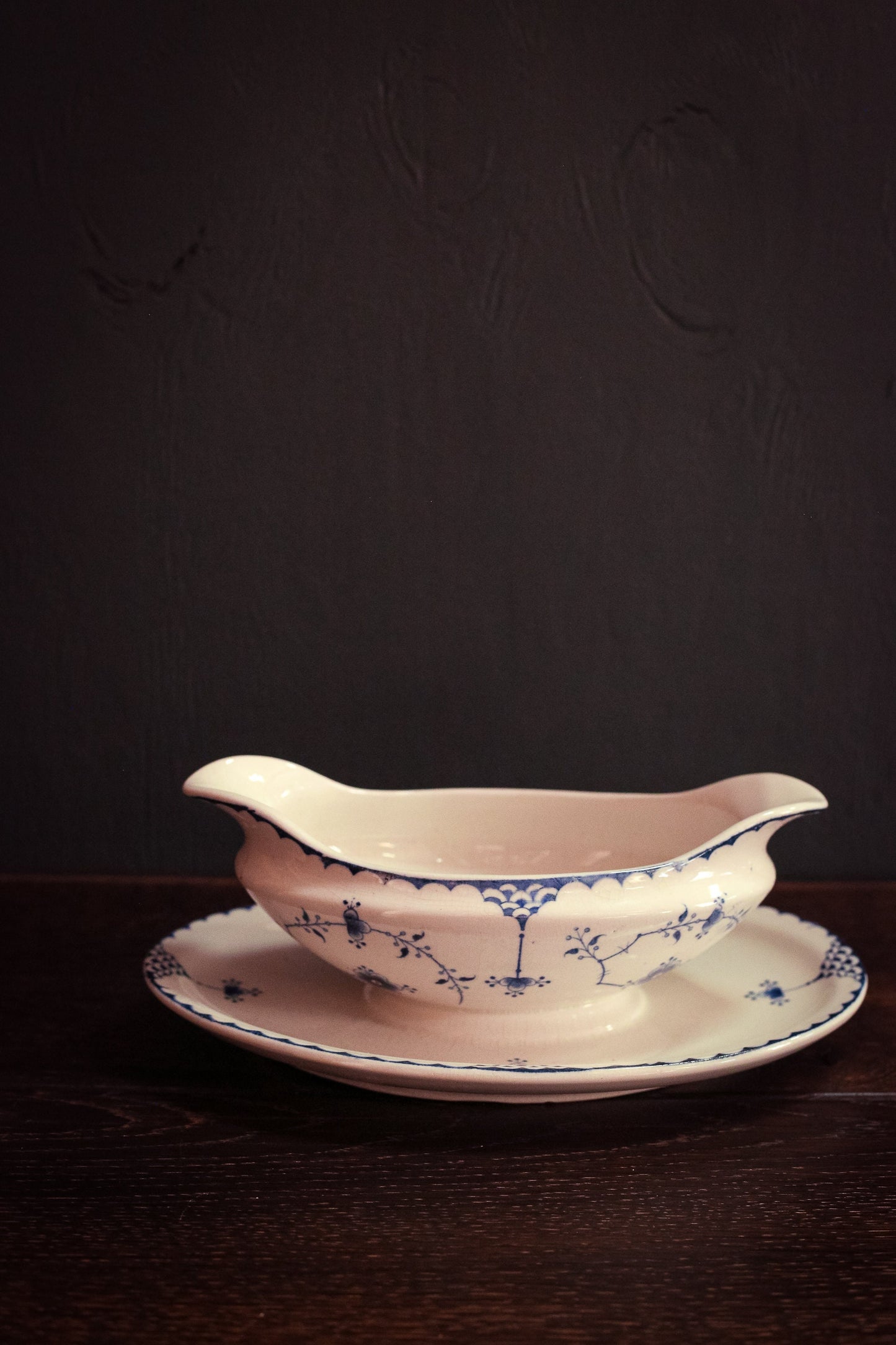 Blue Fluted Gravy Bowl with Attached Plate Furnival - Antique Blue White Ceramic Dishware