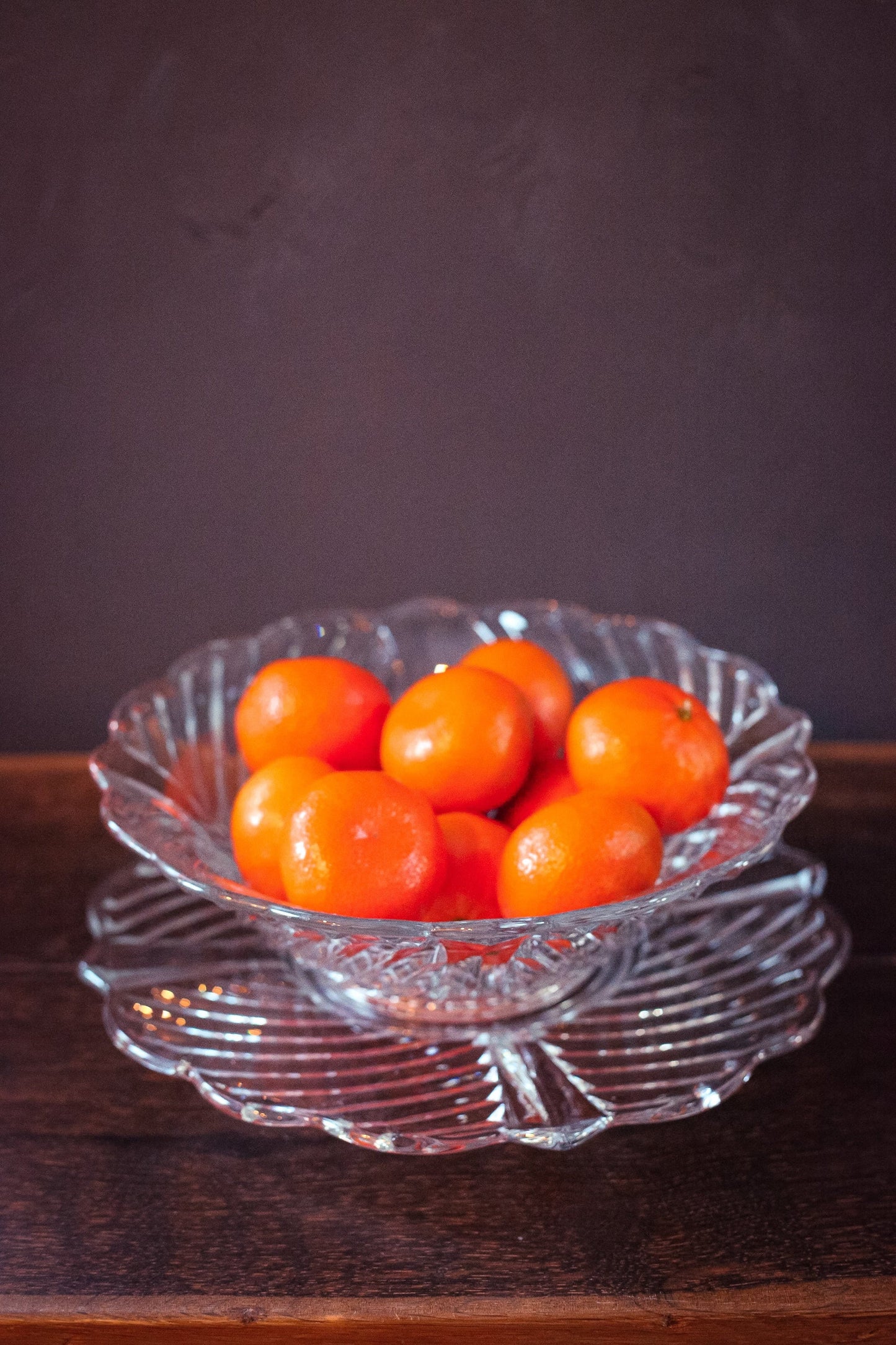 Crystal Glass Bowl and Under Plate Large- Matching Geometric Scallop Edge Leaded Glass Fruit Bowl & Platter