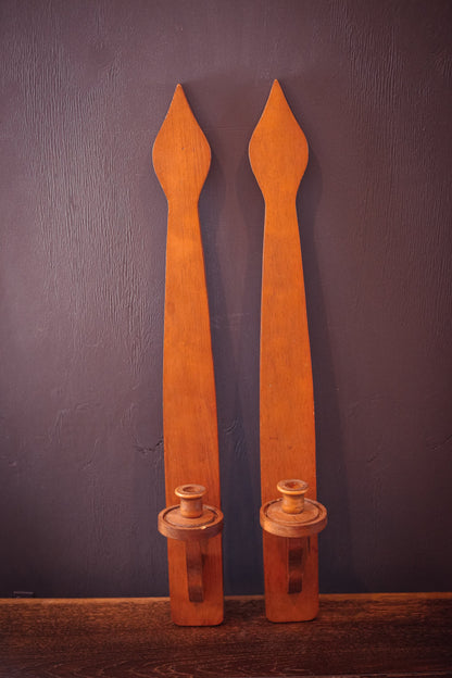 Very Tall Craftsman Style Wooden Wall Hanging Candle Holders - Vintage 30" Wood Candle Holder