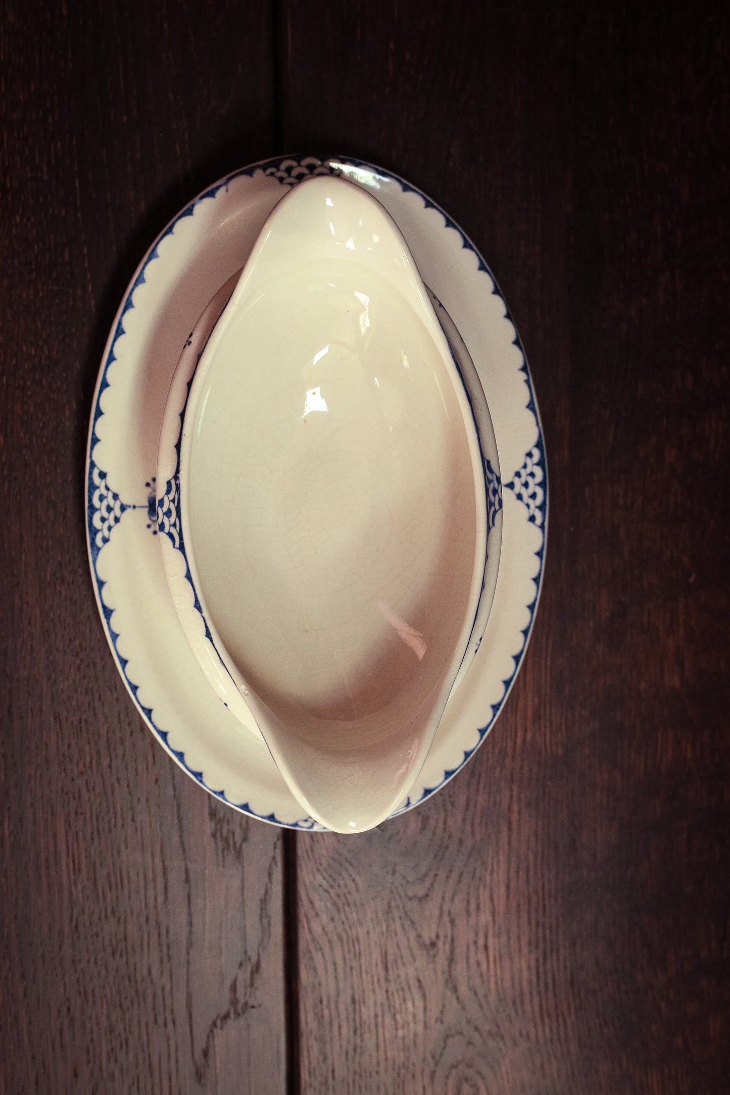 Blue Fluted Gravy Bowl with Attached Plate Furnival - Antique Blue White Ceramic Dishware