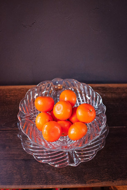 Crystal Glass Bowl and Under Plate Large- Matching Geometric Scallop Edge Leaded Glass Fruit Bowl & Platter