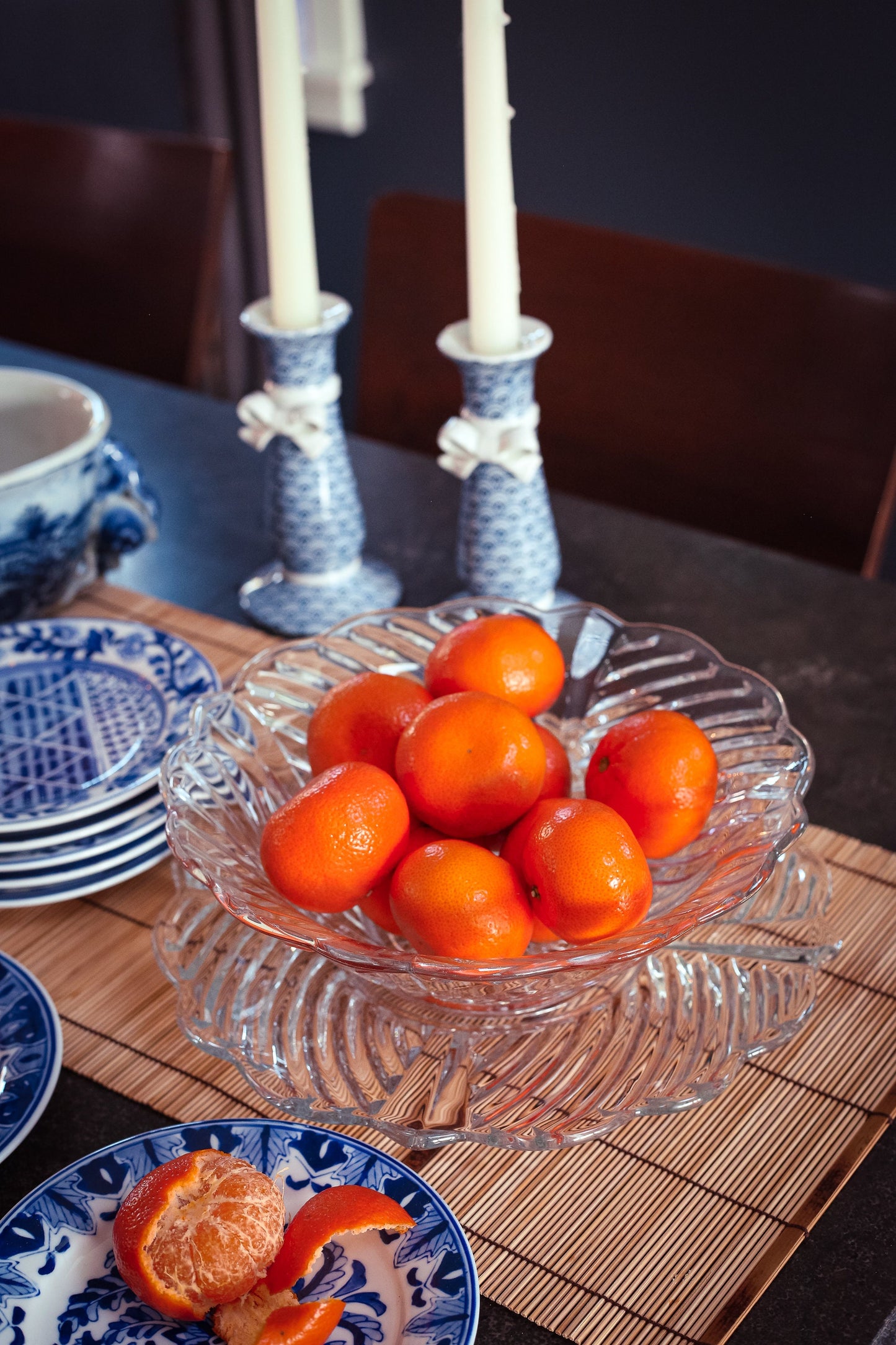 Crystal Glass Bowl and Under Plate Large- Matching Geometric Scallop Edge Leaded Glass Fruit Bowl & Platter