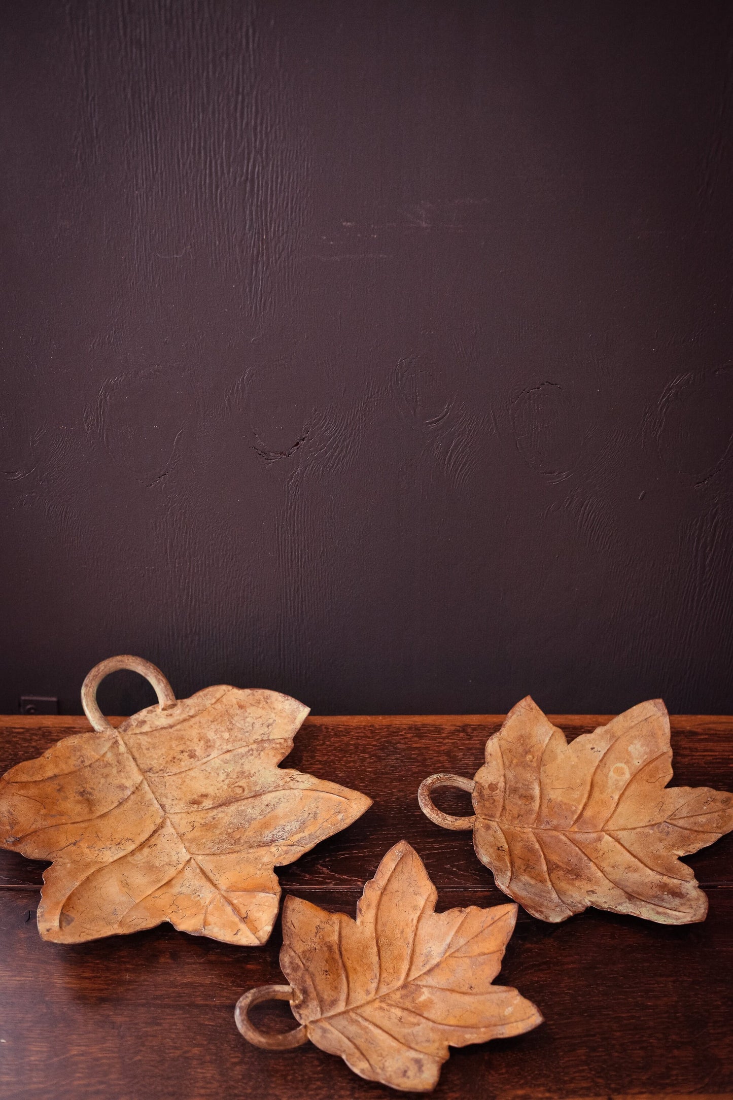 Trio of Metal Leaf Trays - Set of 3 Vintage Rust/Patina Finish Trays Leaves