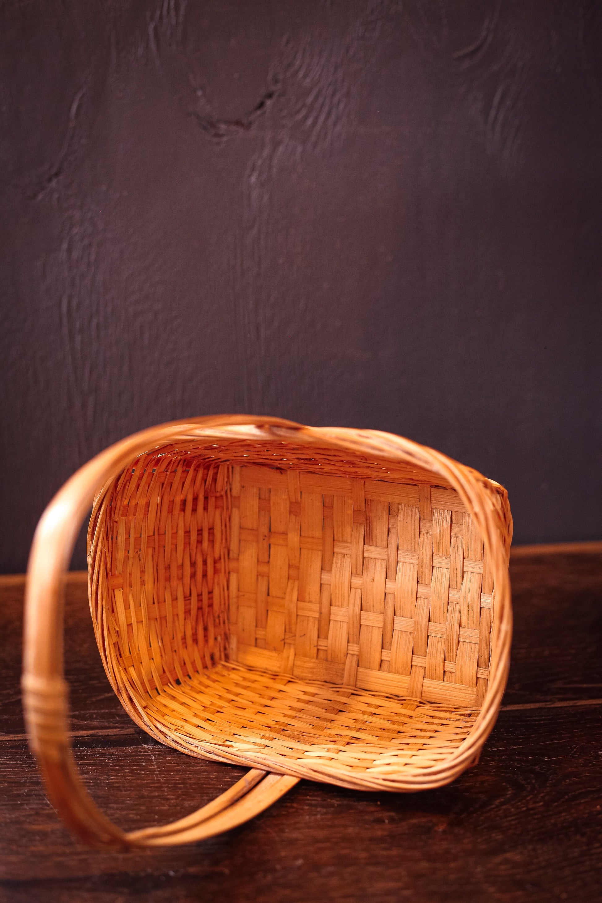 Small Wicker/Rattan Gathering Basket Rectangular Flat Bottom with Handle - Vintage Bamboo Fruit or Berry Harvesting Basket