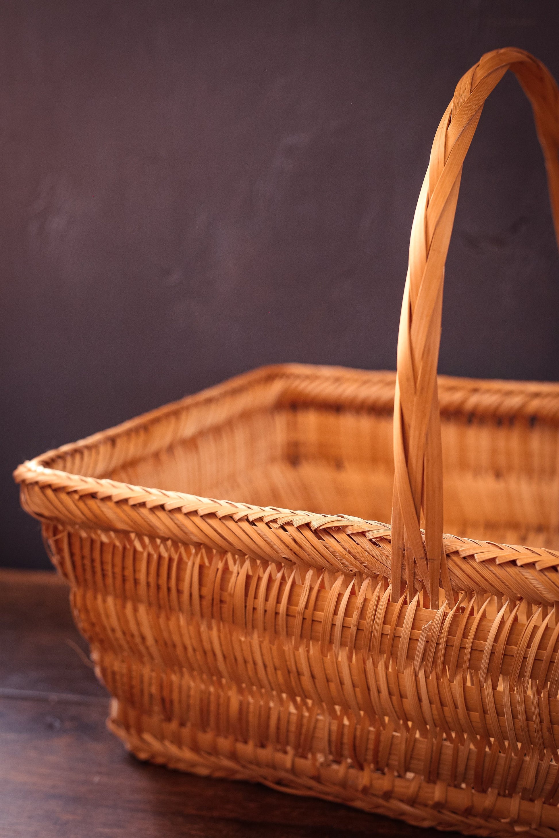 Fine Wicker Rectangle Flat Bottom Gathering Basket with Handle - Vintage Rattan Harvest Basket