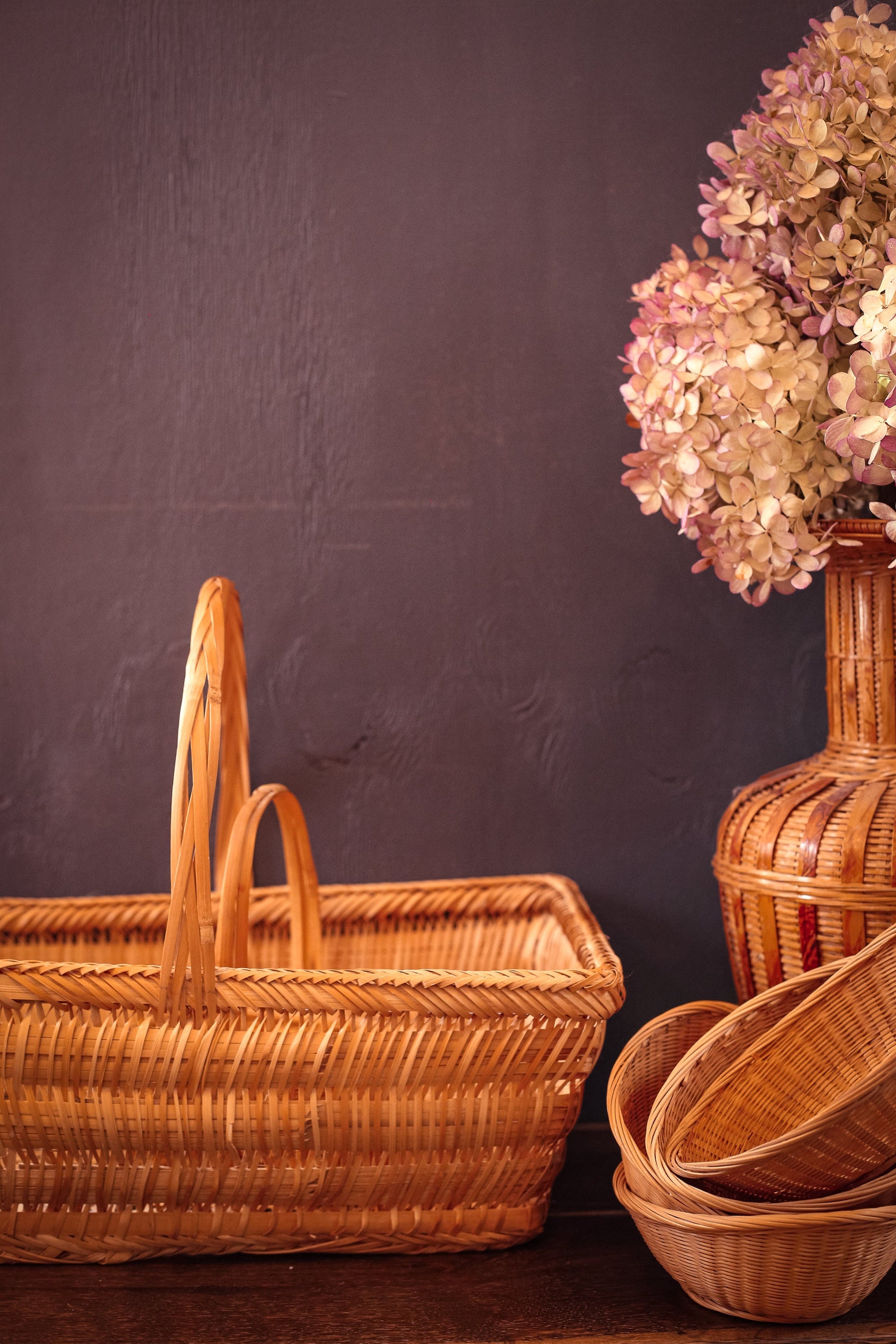 Fine Wicker Rectangle Flat Bottom Gathering Basket with Handle - Vintage Rattan Harvest Basket