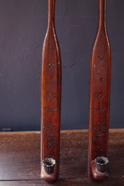 Vintage Wall Candle Holder Pledge Paddle in Wood & Metal - Unique Hand Carved Wooden Wall Candle Holder