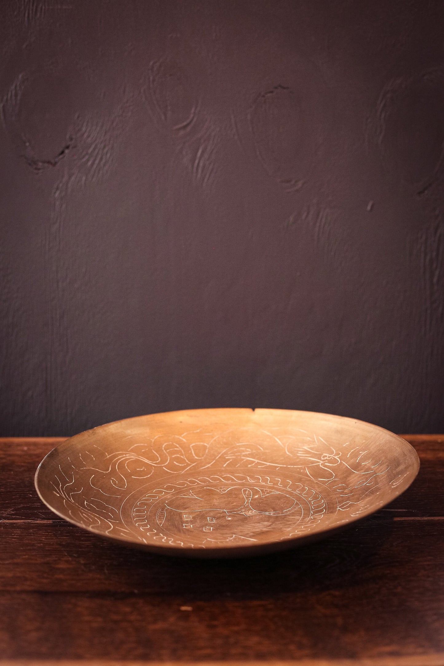 Vintage Brass Carved Bowl - Etched Brass Round Bottom Bowl/Tray