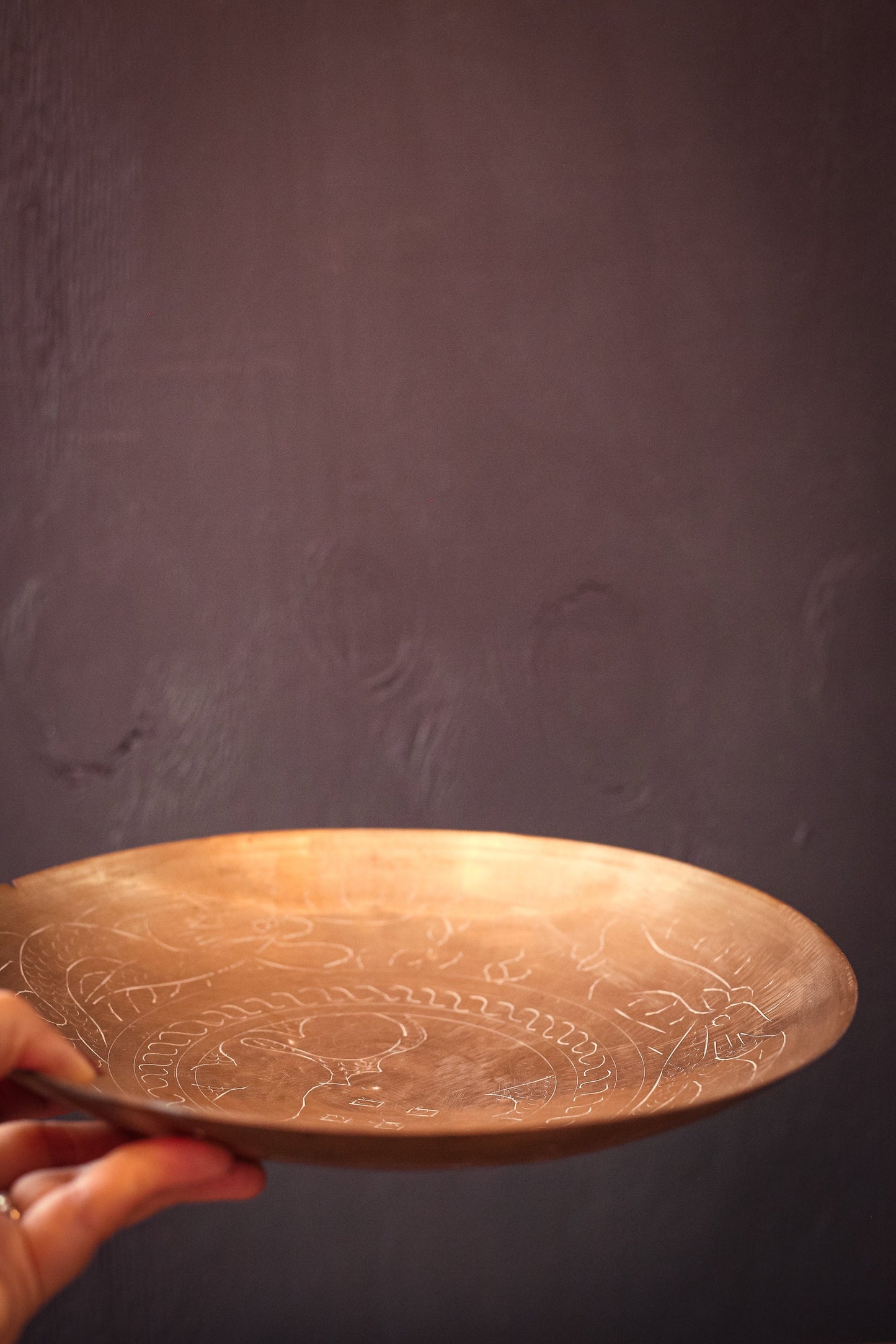 Vintage Brass Carved Bowl - Etched Brass Round Bottom Bowl/Tray