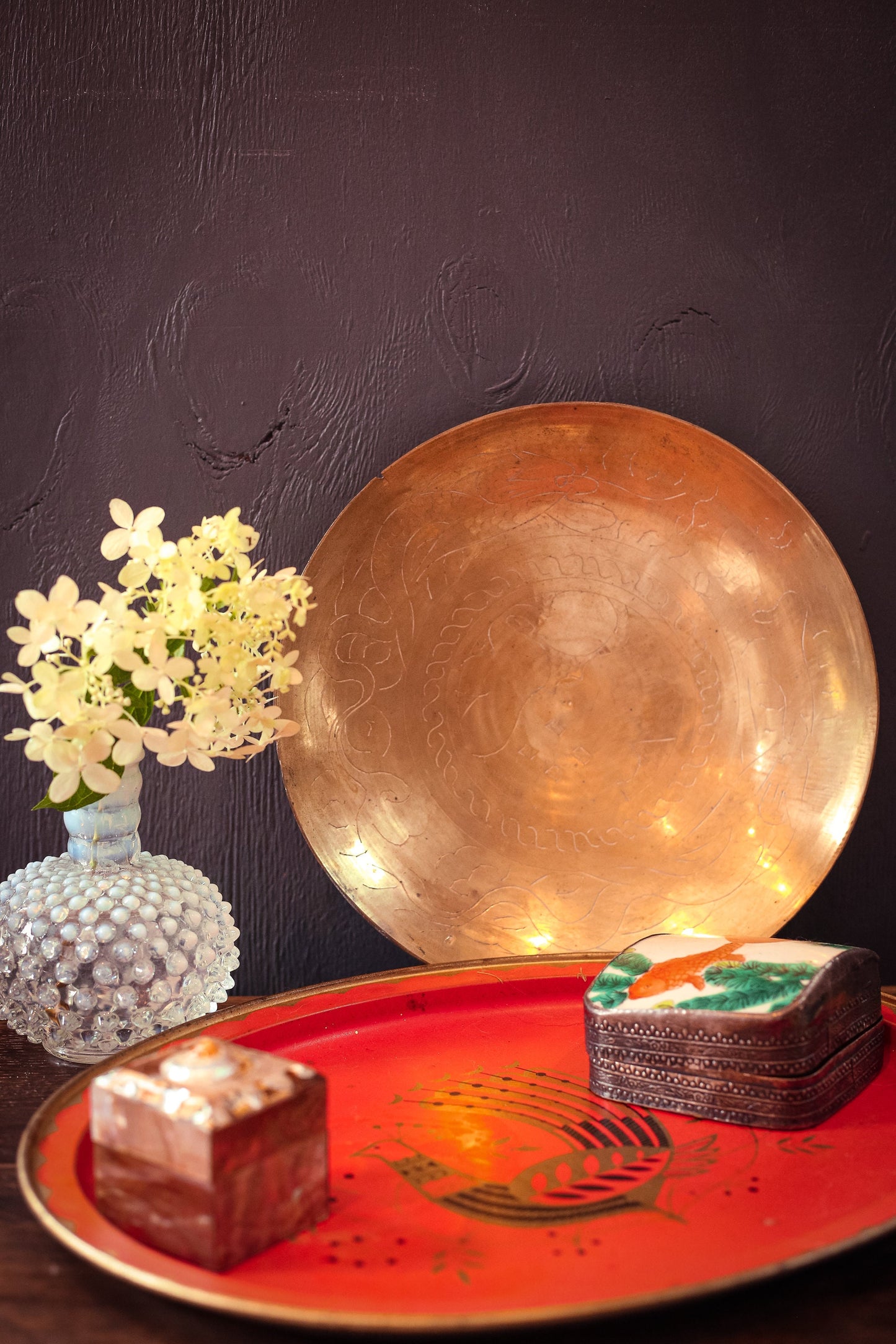 Vintage Brass Carved Bowl - Etched Brass Round Bottom Bowl/Tray