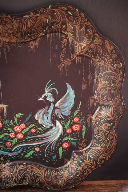 Handpainted Tole Tray with Peacocks & Fountain - Unique Vintage Tole Painted Scenic Garden Pheasants Metal Tray