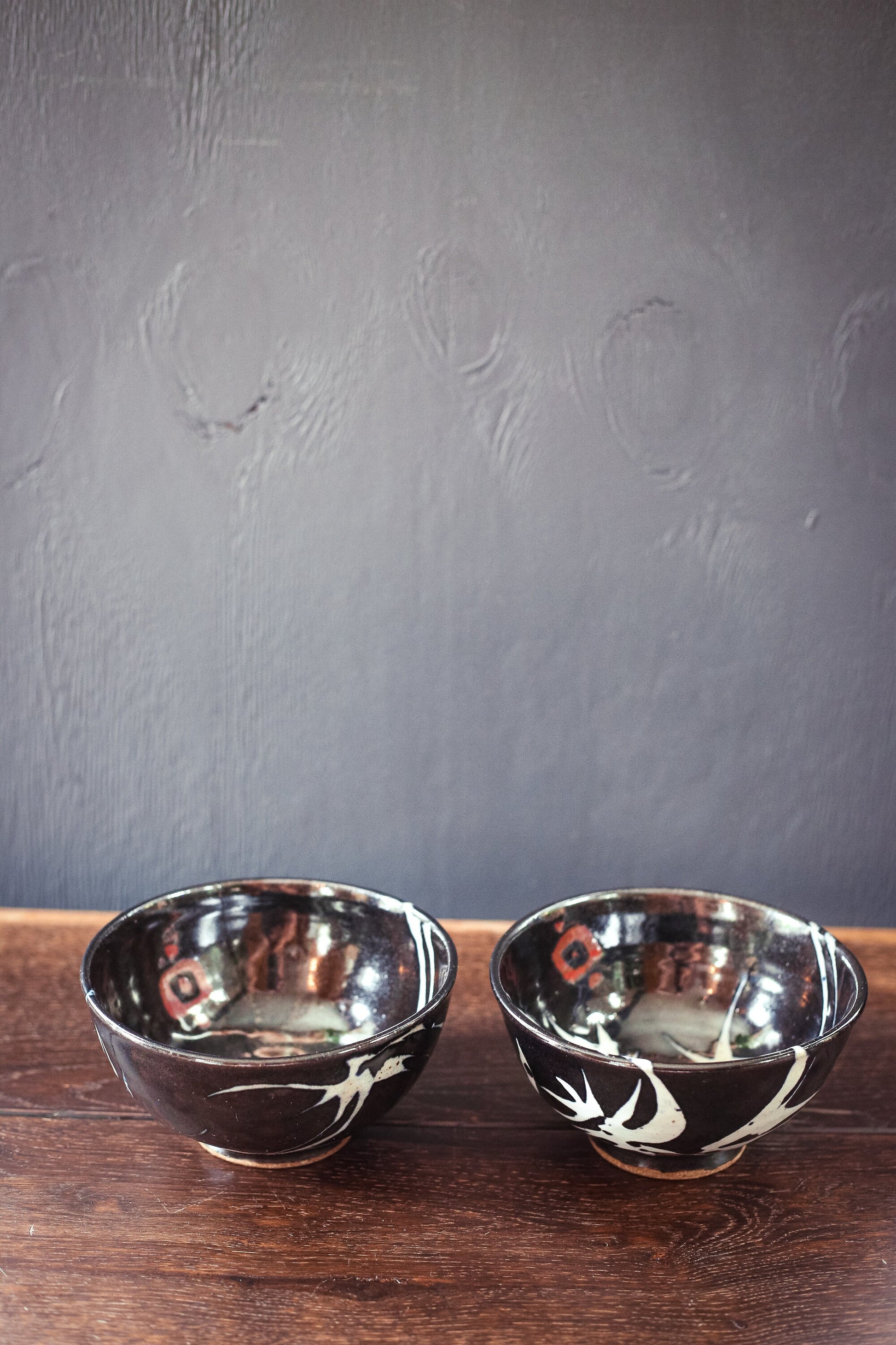 Vintage Set of Studio Pottery Bowls Signed - Pair of Vintage Hand Painted Black White Red Ceramic Bowls