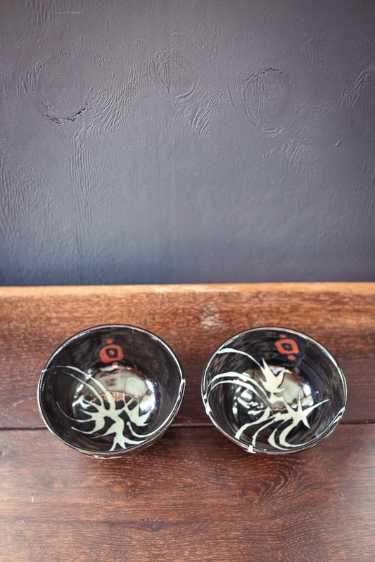 Vintage Set of Studio Pottery Bowls Signed - Pair of Vintage Hand Painted Black White Red Ceramic Bowls