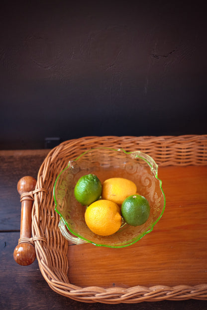 Wicker and Wood Bottom Serving Tray - Vintage Rectangular Wicker/Rattan Breakfast/Dining Tray