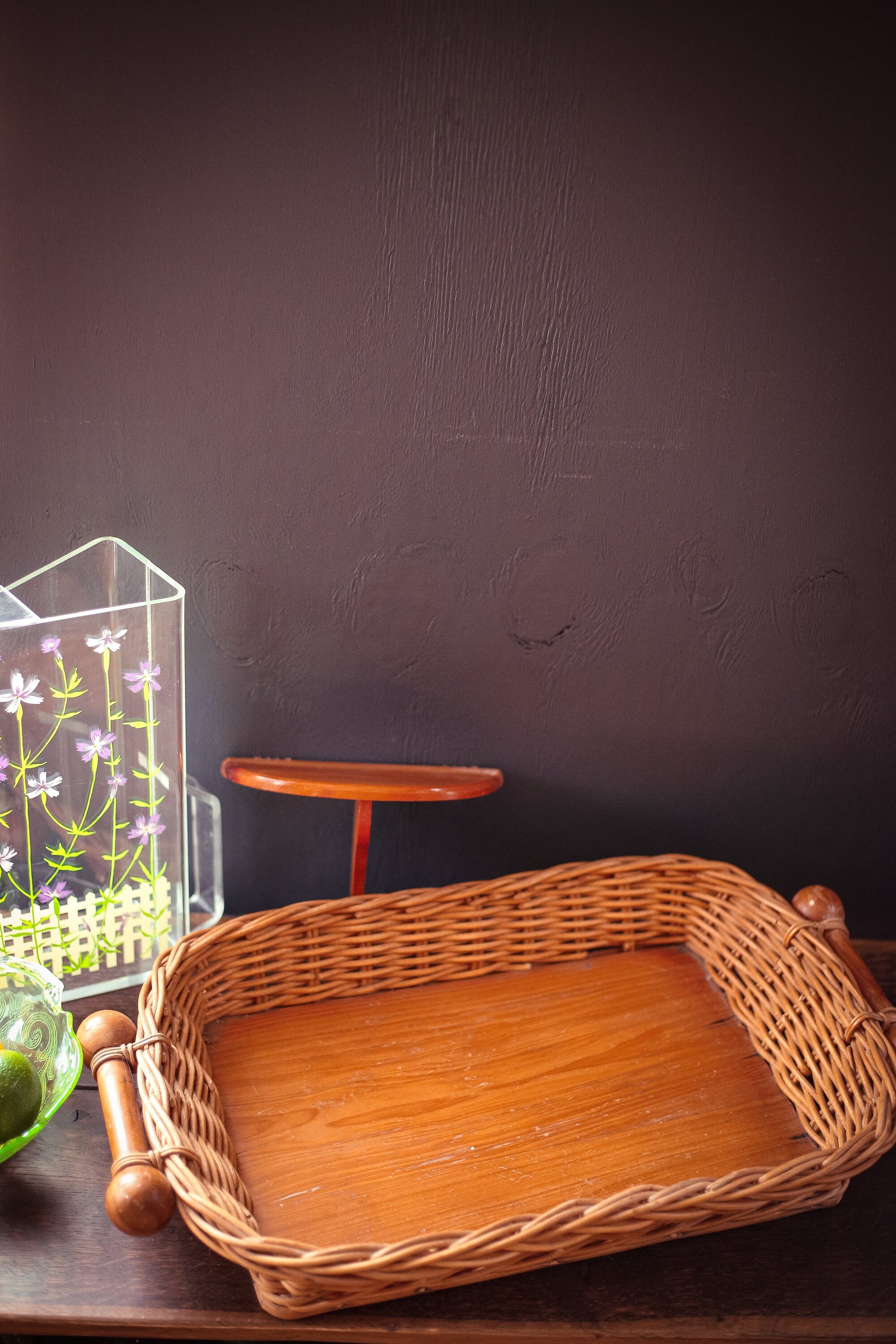 Wicker and Wood Bottom Serving Tray - Vintage Rectangular Wicker/Rattan Breakfast/Dining Tray