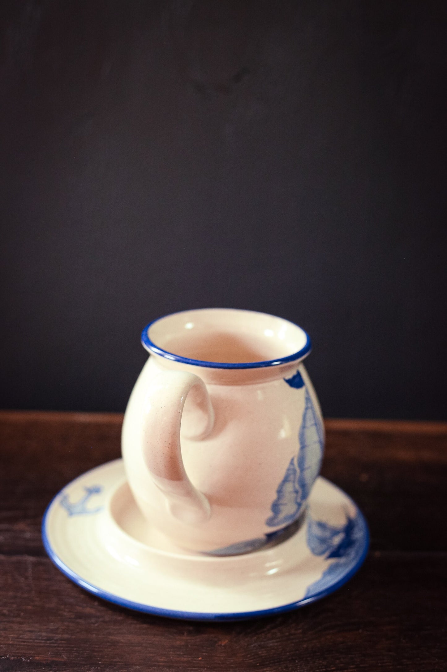 Ceramic Blue White Hand Painted Sailboat Mug & Saucer - Vintage Nautical Theme Cup Plate