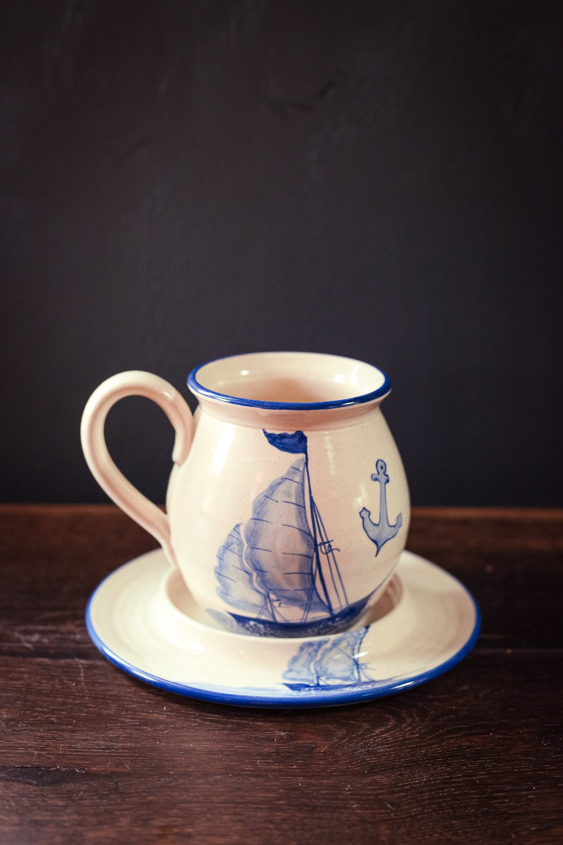 Ceramic Blue White Hand Painted Sailboat Mug & Saucer - Vintage Nautical Theme Cup Plate