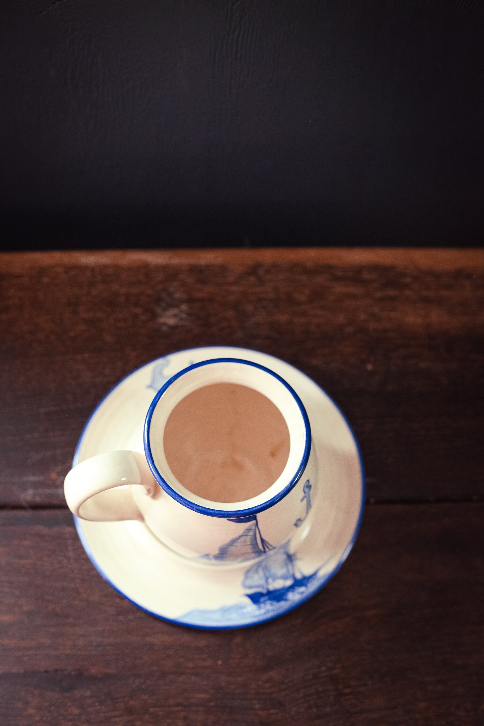 Ceramic Blue White Hand Painted Sailboat Mug & Saucer - Vintage Nautical Theme Cup Plate