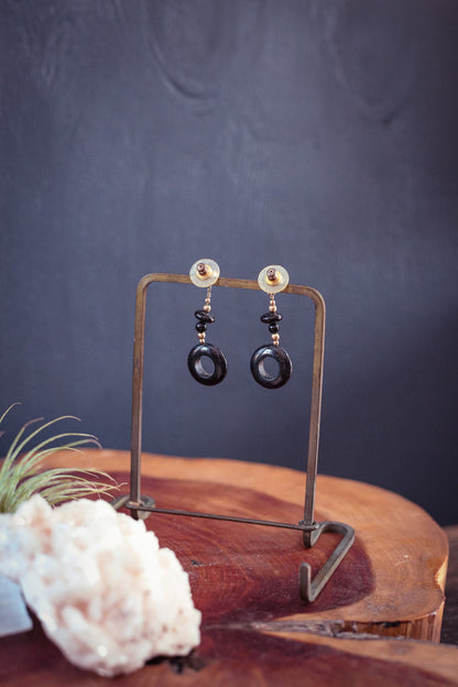 Onyx & Gold Bead Dangle Drop Earrings 14k Gold Filled Ball Post - Vintage Onyx Earrings