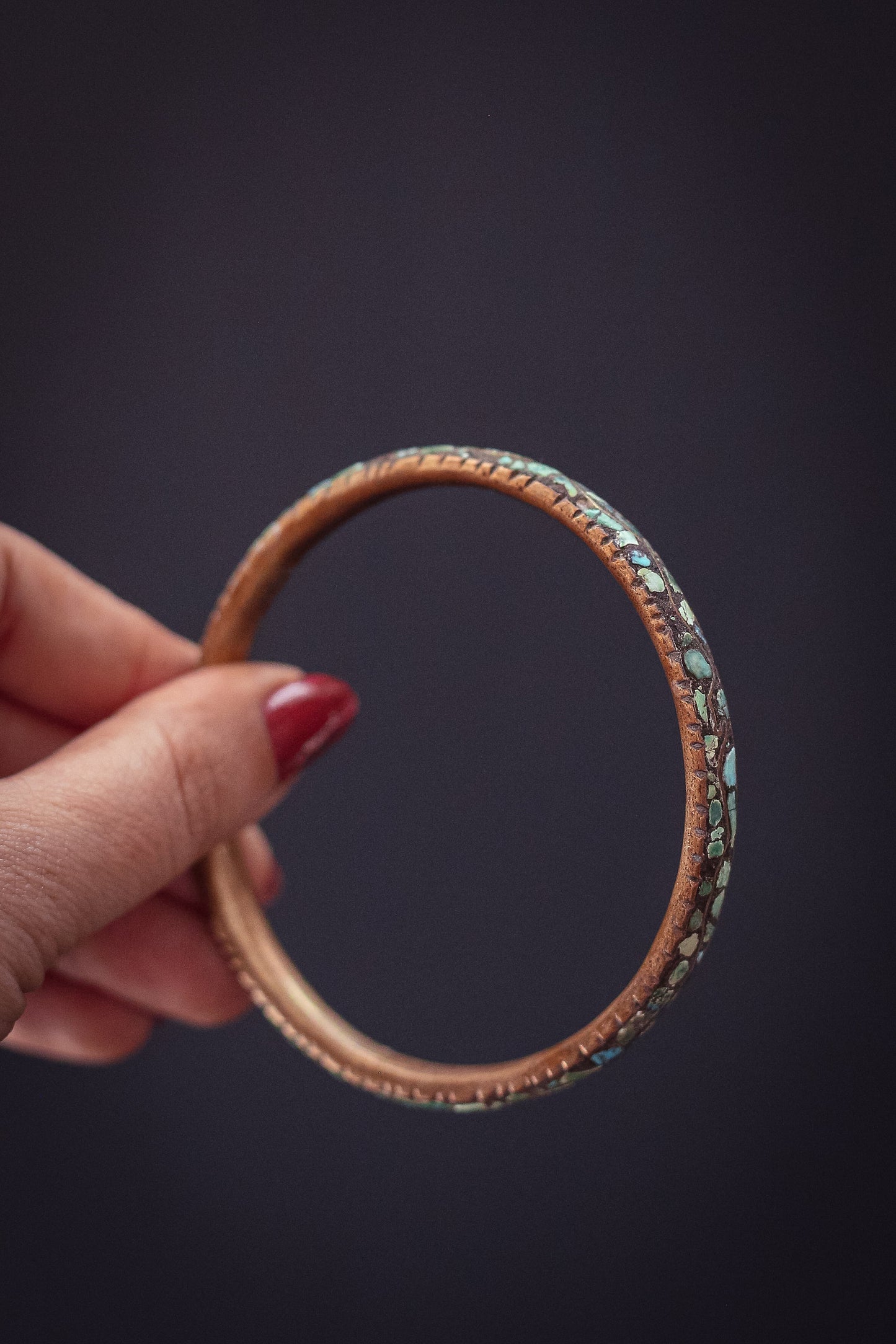 Brass & Turquoise Chip Bracelet - Vintage Brass Bangle