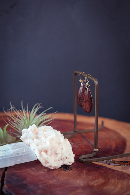 Mahogany Jasper Teardrop Earrings with Kidney Hook - Vintage Estate Earrings