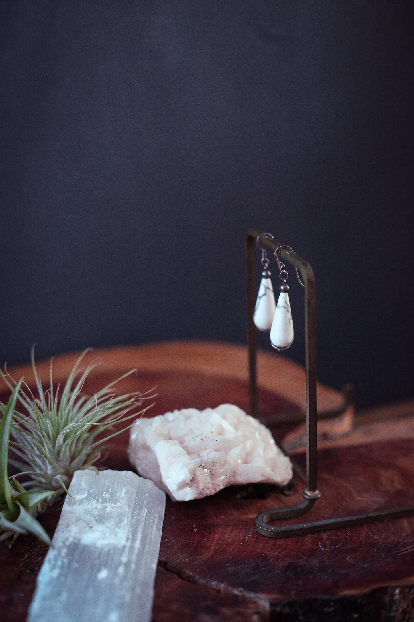 Howlite & Sterling Silver Teardrop Earrings with French Hook - Vintage White Sterling Silver Estate Earrings