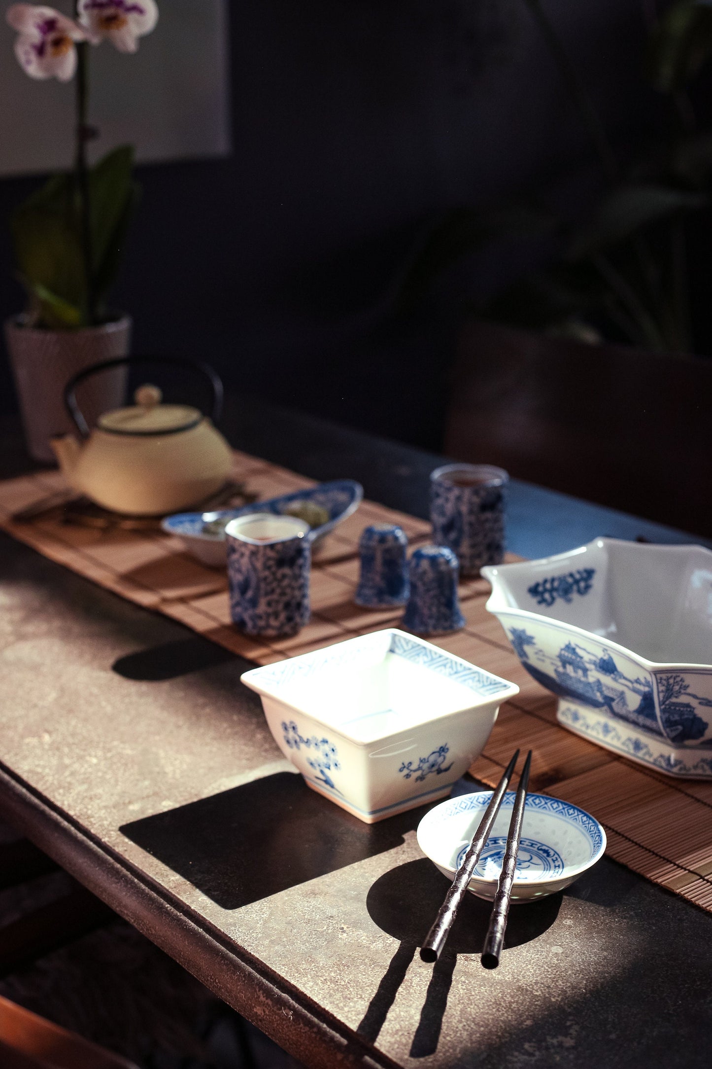 Blue White Hand Painted Square Porcelain Bowls - Vintage Japanese Porcelain Rice/Soup Bowls